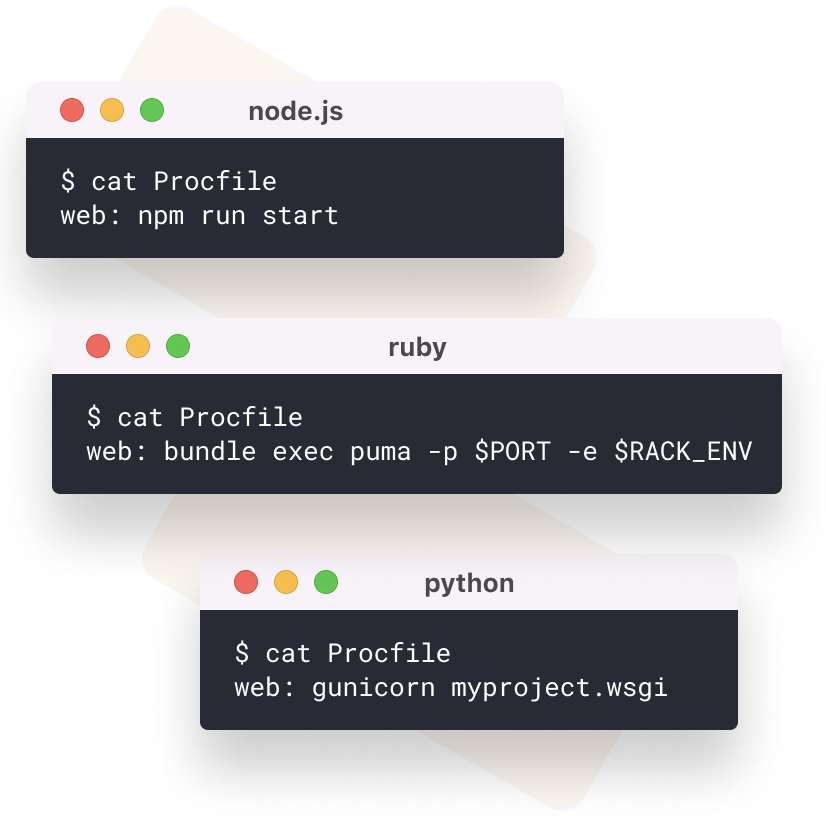 AppPack's minimal configuration for Python, Node, and Ruby.