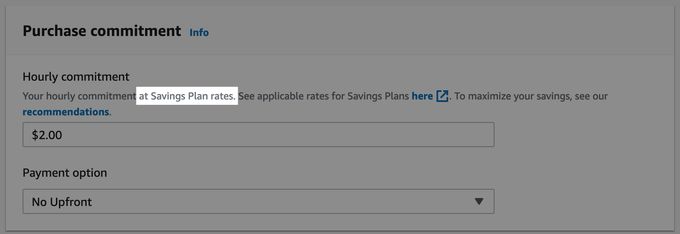 screenshot of AWS Purchase Savings Plans interface with hourly commitment highlighted