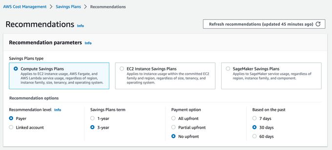 screenshot of AWS Savings Plan recommendations parameters
