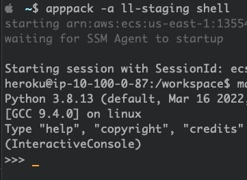 screenshot of terminal running apppack shell